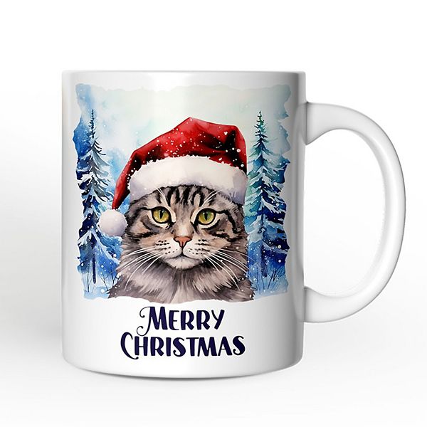 Tabby Cat with Santa Hat Mug, Winter Forest Christmas Gift OrnamentallyYou