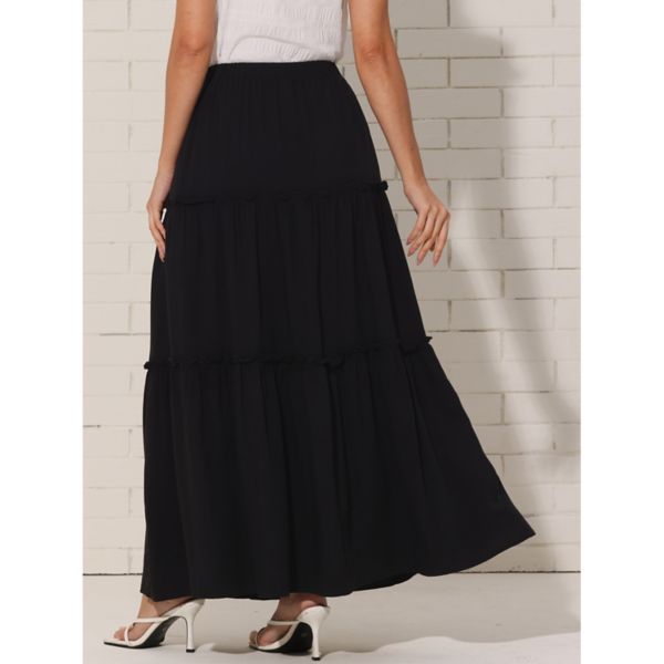 Boho Maxi Skirt for Women's Elastic High Waist Tiered A-Line Long Skirts Inspire Chic