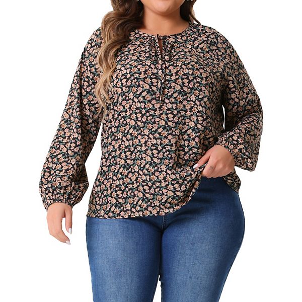 Plus Size Floral Printed for Women Casual V Neck Tops Drawstring Long Sleeve T Shirt Blouses Agnes Orinda