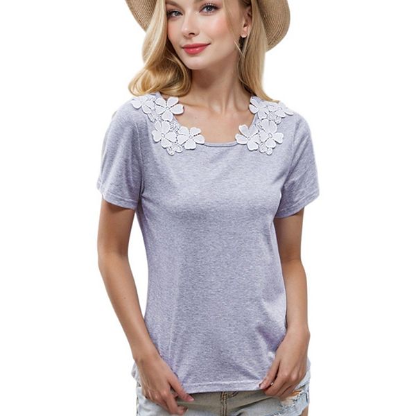 Women's Round Neck Short SLeeve Floral Crochet Detail Layering T-Shirt Anna-Kaci