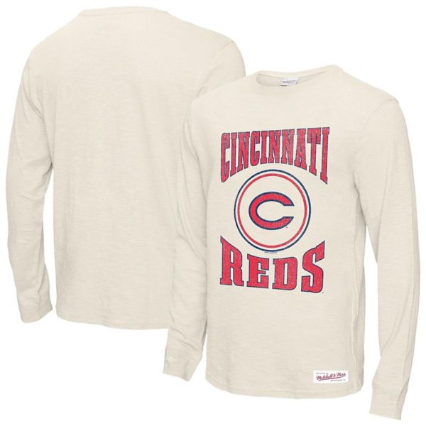 Men's Mitchell & Ness Cream Cincinnati Reds Arched Logo Slub Long Sleeve T-Shirt Mitchell & Ness