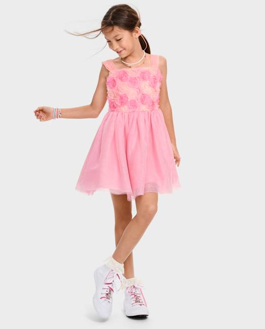 Girls 3D Rosette Mesh Fit And Flare Dress The Children`s Place