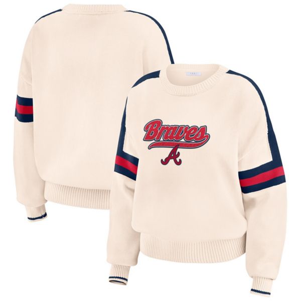 Women's WEAR by Erin Andrews  Cream Atlanta Braves Stripe Pullover Sweater WEAR by Erin Andrews