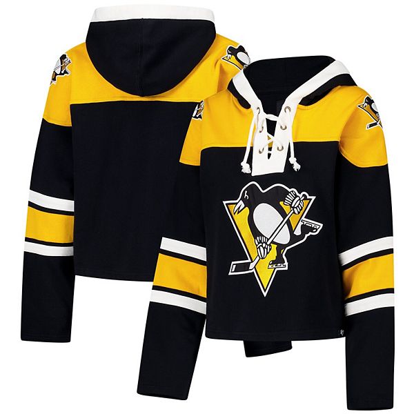 Women's '47 Black Pittsburgh Penguins Cropped Superior Lacer Pullover Hoodie 47 Brand