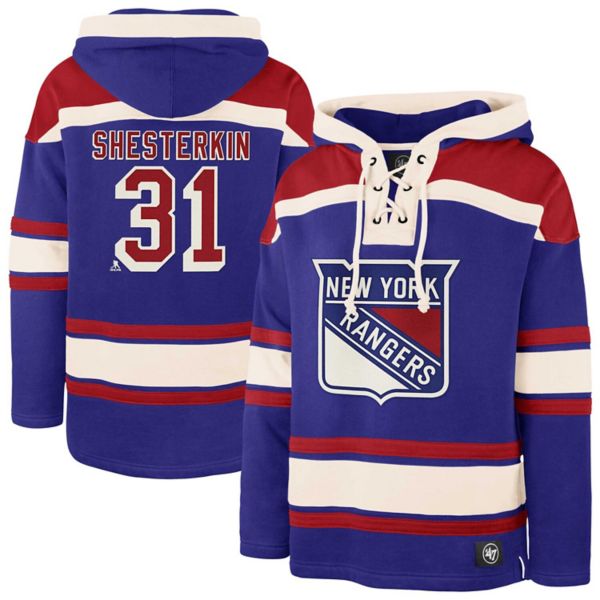 Men's '47 Igor Shesterkin Blue New York Rangers Player Name & Number Lacer Pullover Hoodie 47 Brand