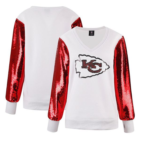 Women's Cuce White Kansas City Chiefs Sequin Sleeve V-Neck Pullover Sweatshirt Cuce