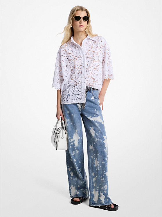 Hand-Splattered Bleach Denim Wide-Leg Jean Michael Kors