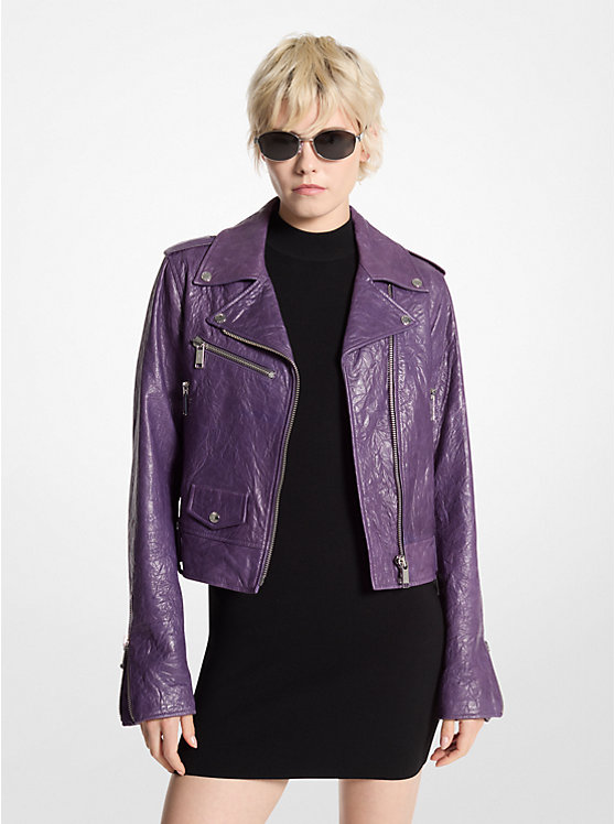 Crinkled Leather Cropped Moto Jacket Michael Kors