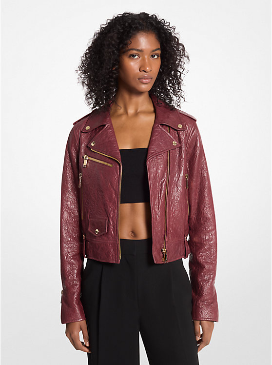 Crinkled Leather Cropped Moto Jacket Michael Kors