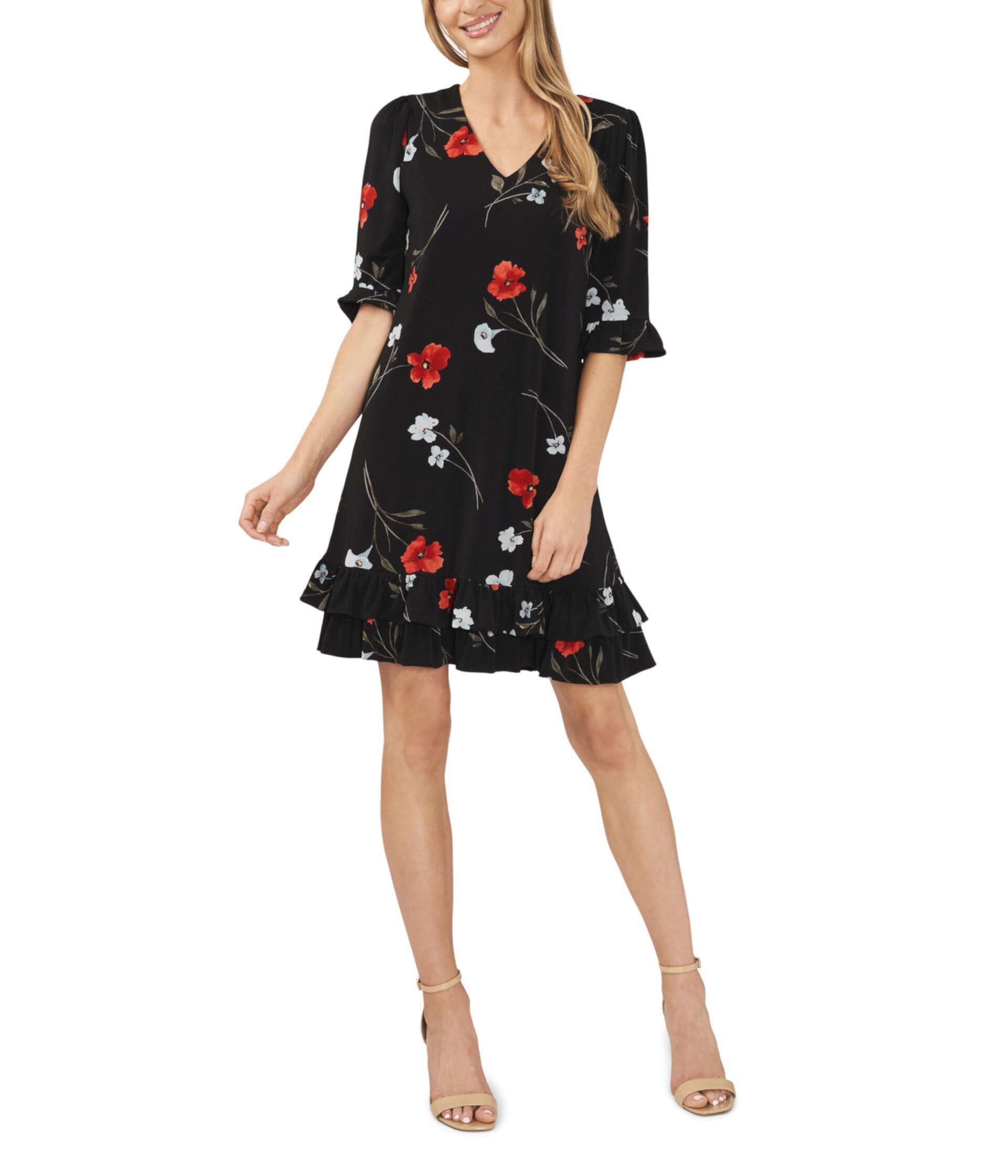 Floral V-Neck Knit Dress W/ Ruffle Hem CeCe