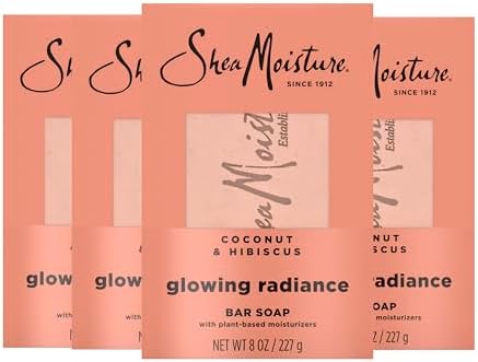 SheaMoisture Bar Soap Coconut and Hibiscus 4 Count Glowing Radiance Glowing Radiance bar soap with 24h shea moisture nutrients for Healthy, Glowing Skin 8 oz SheaMoisture