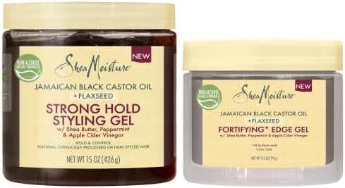 SheaMoisture Curly Hair Products Jamaican Black Castor Oil + Flaxseed Styling Edge Control (3.5 oz) Bundled with Strong Hold Styling Gel (15 oz) for Natural, Chemically Processed or Heat Styled Hair SheaMoisture