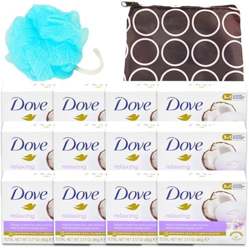 Dove Bar Soap Pack - Dove Bar Soap 12 Pack Bundle Coconut Milk 3.17 Oz Clean Coconut Milk Soap Bars Pack with Bonus Travel Bag and Loofah | Dove Moisturizing Body Wash for Women Dove