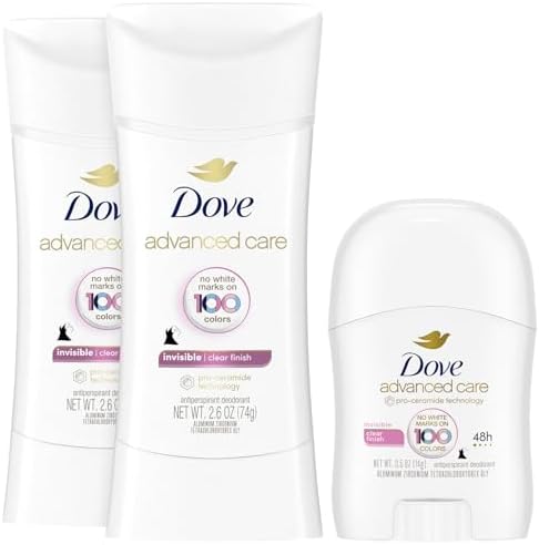 Dove Advanced Care Deodorant, Invisible Clear Finish Bundle – Full-Size Antiperspirant Deodorant 2-Pack + Mini Deodorant (3 Piece Set) Dove