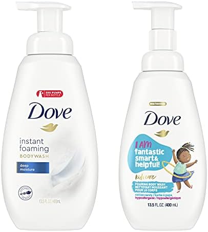 Dove Foaming Body Wash for Soft, Smooth Skin Deep Moisture and Kid's Cotton Candy 2 Skin Care Products for the Family In One Bundle (Pack of 4) Dove