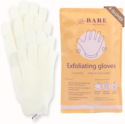 Bare Botanics 4 Pack Exfoliating Gloves for Shower (White) - 100% Nylon Fibers - Exfoliating Bath Gloves - Shower Scrubber & Dead Skin Remover - Perfect for Wet & Dry Exfoliation Bare Botanics