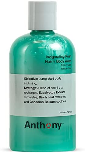 Anthony Mens Body Wash and Shampoo: Invigorating Rush 2-In-1 Liquid Gel Soap & Hair Shampoo, Pine Wood Scent, Hydrating with Eucalyptus, Canadian Balsam, Birch Leaf, Charcoal, Sea Kelp, 3.4 Fl. Oz Anthony