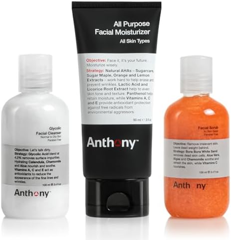 Anthony Face It & Go Kit, Set Includes Glycolic Facial Cleanser 3.4 Fl Oz. All Purpose Facial Moisturizer 3 Fl Oz. Facial Scrub 3.4 Fl Oz. Anthony