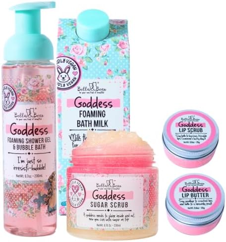 Bella & Bear Goddess Mega Bath & Body Gift Set with Foaming Shower Gel & Bubble Bath, Bath Milk, Body Scrub & Lip Scrub and Lip Butter - Gift for Women - Teens - Tweens Bella and Bear