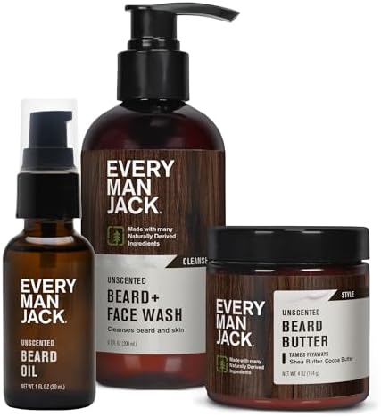 Every Man Jack Unscented Beard Bundle - Fragrance Free for Sensitive Skin - Contains (1) each of Beard & Face Wash, Beard Butter, and Beard Oil Every Man Jack