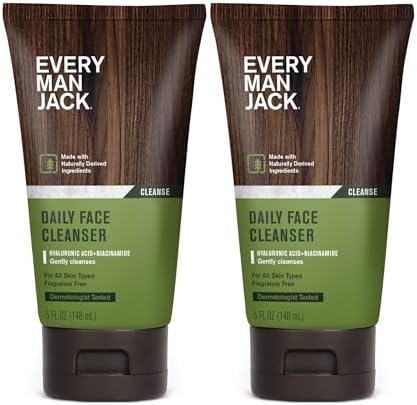 Every Man Jack Daily Face Wash for Men - Gently Cleanse, Moisturize, and Revive Dry, Tired Skin with Hyaluronic Acid and Niacinamide - 5 oz Men's Face Wash (2 Pack) Every Man Jack