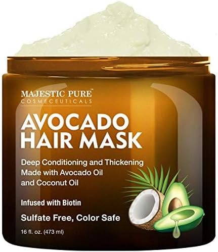 Majestic Pure Avocado and Coconut Hair Mask for Dry Damaged Hair - Infused with Biotin - Deep Conditioning, Hair Thickening, for Healthy Hydrated Hair, Sulfate Free, 16 fl oz Majestic Pure