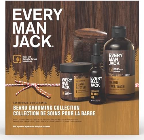 Every Man Jack Mens Sandalwood Beard Kit Holiday Gift Set, Face Wash, Beard Butter, Beard Oil & Comb Every Man Jack