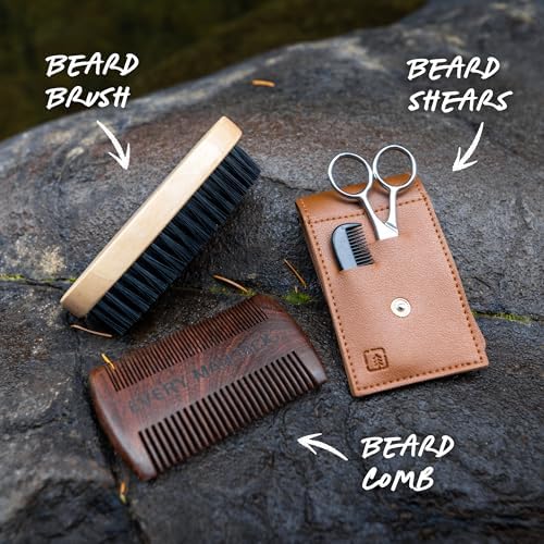 Every Man Jack Beard Grooming Tool Set - Dual Tooth Beard Comb, Medium Stiffness Beard Brush, Stainless Steel Sheers with Mini Comb - Complete Your Routine, Travel Friendly Every Man Jack