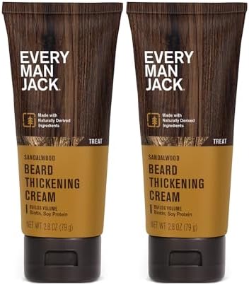 Every Man Jack Beard Thickening Cream - Strengthens, Thickens, Nourishes Beard - Light Sandalwood Scent - Made with Naturally Derived Ingredients like Biotin, Vitamin B6, Soy Protein - 2.8oz - 2 Pack Every Man Jack