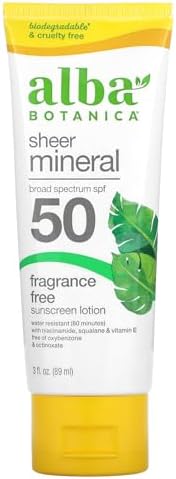 Alba Botanica Sheer Mineral Sunscreen Lotion, Broad Spectrum SPF 50, Fragrance Free, 3 fl oz (Packaging May Vary) Alba Botanica