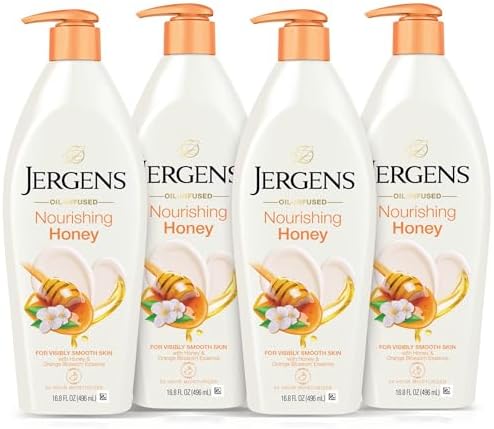 Jergens Nourishing Honey Dry Skin Moisturizer, with Illuminating Hydralucence Blend, Skin Nourishing Formula, Dermatologist Tested, 16.8 Oz, Pack of 4 Jergens