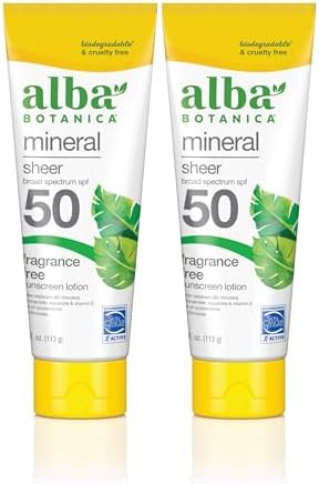 Alba Botanica Mineral Sunscreen Lotion, Broad Spectrum SPF 50 Sunscreen, Water Resistant and Biodegradable, 4 fl. oz. (Pack of 2) Alba Botanica