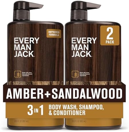 Every Man Jack Amber + Sandalwood Hydrating Mens 3-in-1 All Over Wash for All Skin and Hair Types - Body Wash, Shampoo and Conditioner with Naturally Derived Ingredients - 28.8oz (2 Pack) Every Man Jack