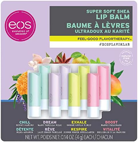 eos FlavorLab 2021 Super Soft Shea Lip Balm sticks, 8-pack, 2 Honey Almond, 2 Warm Vanilla Milk, 2 Green Apple Tonic,2 Margo Melonade eos