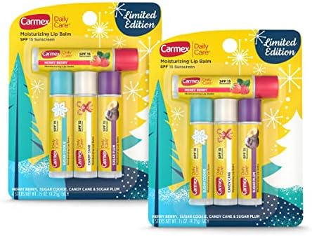 Carmex Daily Care Moisturizing Lip Balm Limited Edition Holiday Stick Pack in Sugar Plum, Candy Cane, Sugar Cookie and Merry Berry - 0.15 OZ each, 4 count (Pack of 2) Carmex