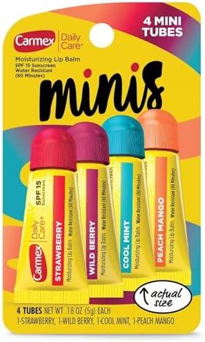 Carmex Daily Care Minis Moisturizing Lip Balm Tubes with SPF 15, Strawberry, Cool Mint, Wild Berry and Peach Mango Lip Balm Pack - 0.18 oz each, 4 Count Carmex