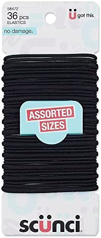 Scunci by Conair No Damage Assorted Sizes Elastics, for Women and Men, Elastic Hair Ties with No Damage in Black, 36 Pack Conair