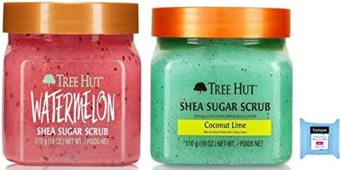 Tree Hut Shea Sugar Body Scrub, Watermelon, Coconut Lime,18oz, 2PK, With Single Makeup Remover Wipe Tree Hut