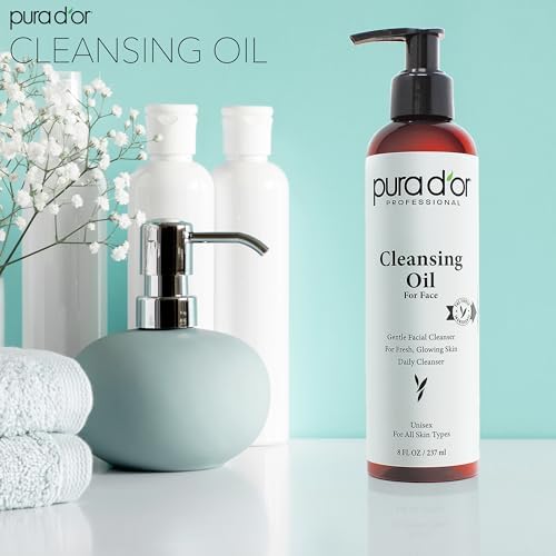 PURA D'OR 8 Oz Facial Cleansing Oil - Nourishing Botanical Blend with & Vitamin, Jojoba and Sunflower Oil - Gentle Makeup Remover & Deep Cleanser For Healthy, Glowing Skin - Paraben-Free Beauty Pura D'Or