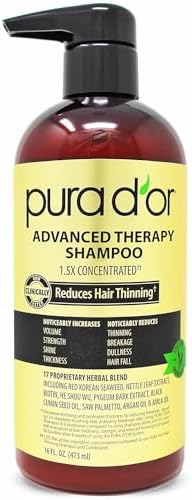 PURA D'OR 16 Oz Advanced Therapy Shampoo Reduces Hair Thinning & Increases Volume, No Sulfate, Biotin Shampoo Infused with Argan Oil, Aloe Vera for All Hair Types, Men & Women Pura D'Or