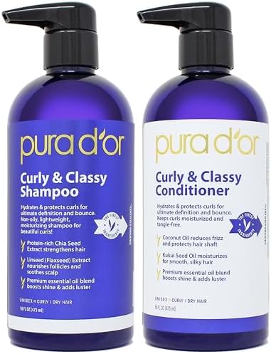 PURA D'OR Curly & Classy Shampoo & Conditioner Set for Defined Curls - Nourishing Formula with Argan, Castor, Geranium, Coconut & Kukui Seed Oils Pura D'Or