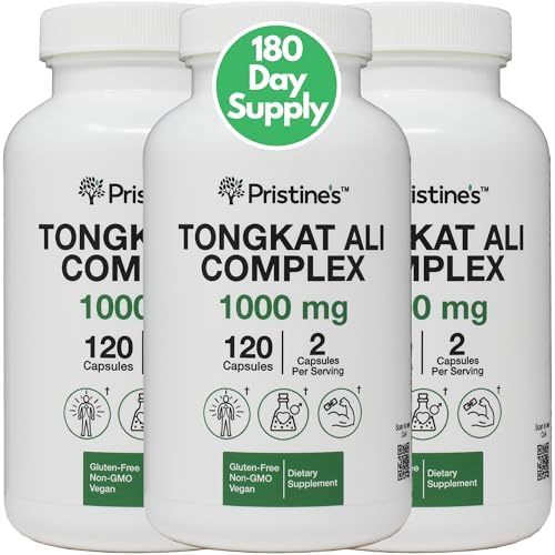 PRISTINE'S Tongkat Ali 1000mg 180 Day Supply (3 Pack) - Athletic Performance Support - Lean Mass Muscle Building Herbal Supplement for Men & Women - Vegan, Gluten Free, Non GMO Pristine'S