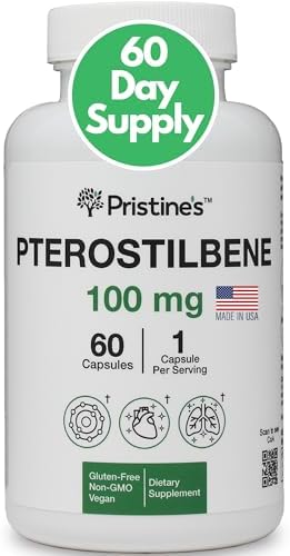 PRISTINE'S Pterostilbene 100mg Anti Aging Supplement Capsules - 60 Day Supply - Lung Health & Mental Clarity Antioxidant - High Bioavailability Vegan Non GMO Pristine'S