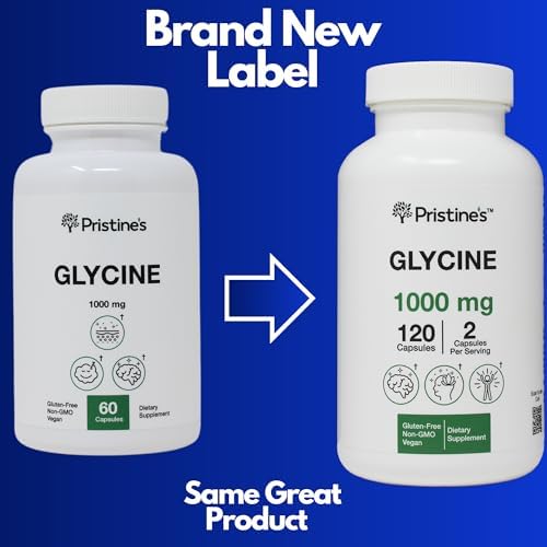 PRISTINE'S Glycine (2 Pack) 1000MG Amino Acid Sleep Support Supplement Capsules - 120 Day Supply - Muscle Recovery, Collagen & Kidney Support Supplement - Vegan, Non GMO, Gluten Free Pristine'S