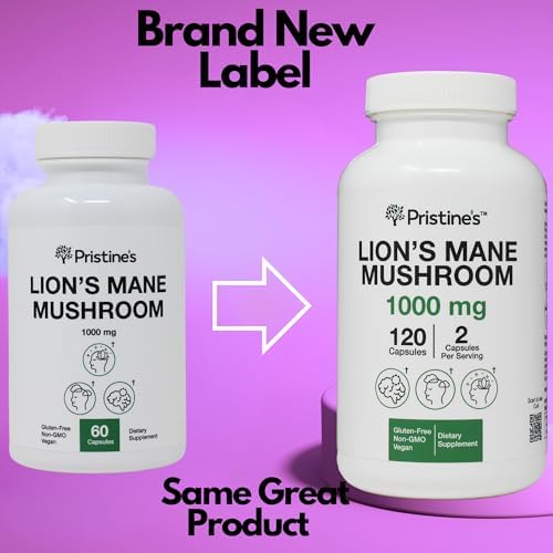 PRISTINE'S Lion's Mane Mushroom 1000mg (2 Pack) Brain Memory & Focus Adaptogen Supplement - 120 Day Supply - Cognitive Function & Immunity Health Memory Supplements for Adults - Vegan - Non-GMO Pristine'S