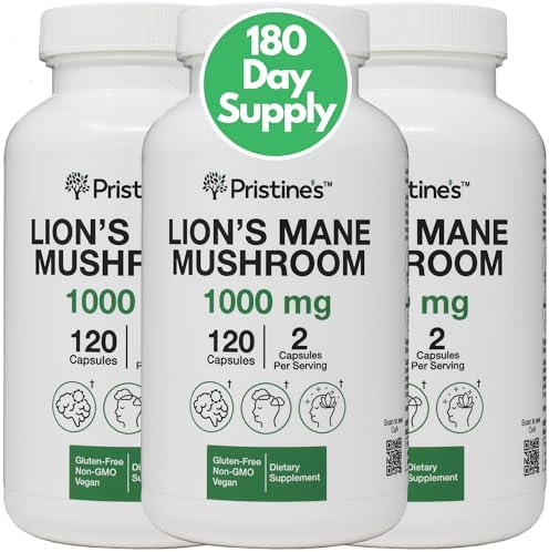 PRISTINE'S Lion's Mane Mushroom 1000mg (3 Pack) Brain Memory & Focus Adaptogen Supplement - 180 Day Supply - Cognitive Function & Immunity Health Memory Supplements for Adults - Vegan - Non-GMO Pristine'S