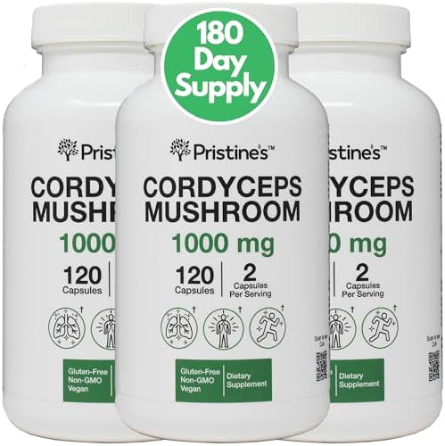 PRISTINE'S Cordyceps Mushroom (3 Pack) 1000 MG - Athletic Performance, Endurance & Immunity Adaptogen Capsule Supplement - 180 Day Supply - Anti Aging Support Antioxidant Pristine'S