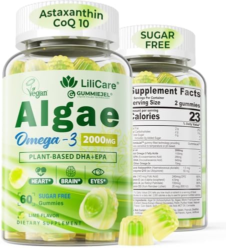 Vegan Omega 3 Supplement Gummies 1100mg, Algae DHA 640mg & EPA 290mg from Marine, with CoQ10, Astaxanthin, Vitamin E, A, D3 for Brain, Eye, Bone, Fish Oil Supplements, Sugar Free 60 Counts Lilicare