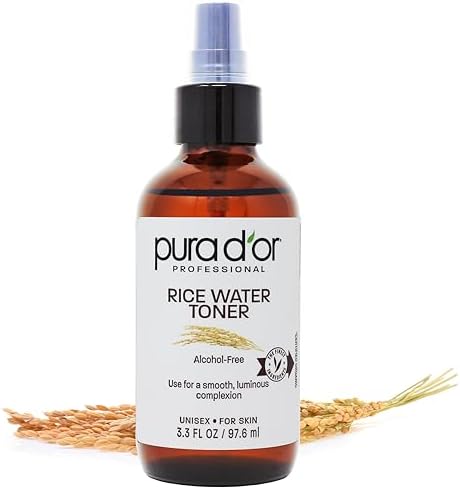 PURA D'OR 3.3 Oz Rice Water Facial Toner - Brightening & Hydrating - Balancing & Soothing Formula with Natural Extracts - Skin Texture Support for Radiant Skin - Alcohol-Free - Travel Size Pura D'Or