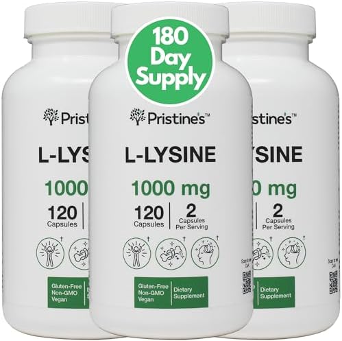 PRISTINE'S L Lysine 1000mg (3 Pack) Lip & Gum Health Essential Amino Acid Immunity Support Supplement Capsules -180 Day Supply Muscle & Tissue Support - Collagen Production - Vegan Gluten Free Non GMO Pristine'S